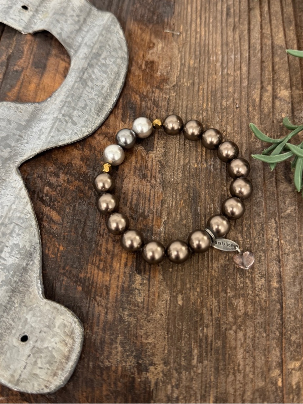 Sabika Bronze Taupe Pearl Beaded Stretch Bracelet